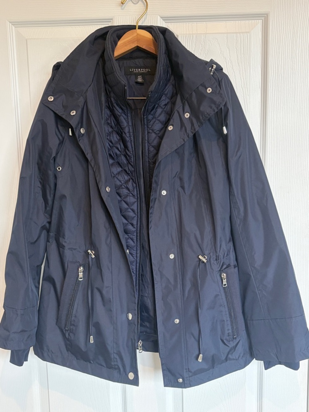 Liverpool Navy Hooded Quilted-Lined Utility Jacket - Women's Dual Layer Vest